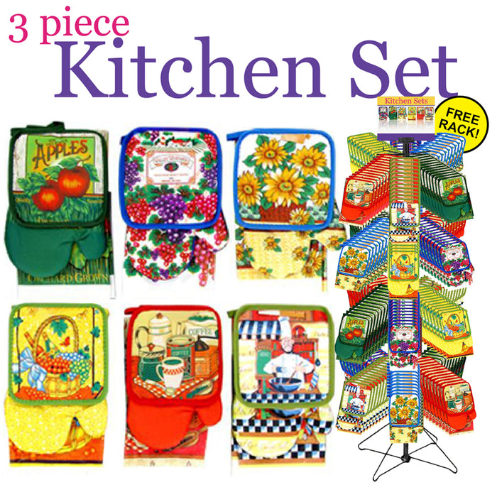 3pc Kitchen Set - Towel and Pot Holders Assorted
