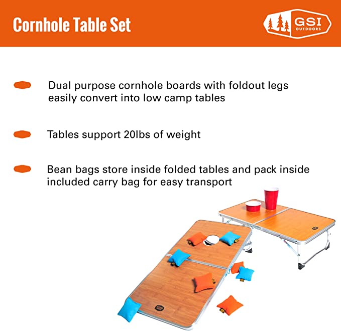 Compact Convertible Dual Purpose Tables and Cornhole Set for Camping