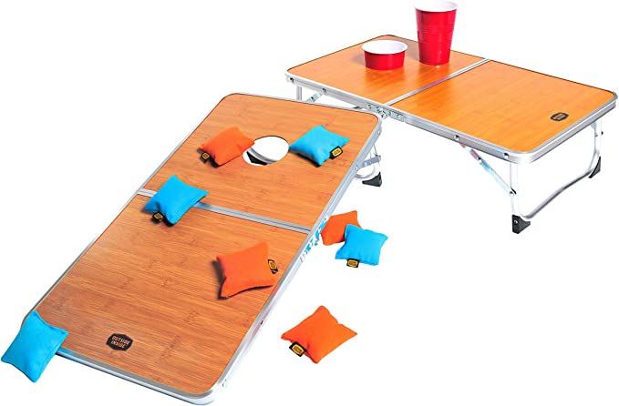 Compact Convertible Dual Purpose Tables and Cornhole Set for Camping